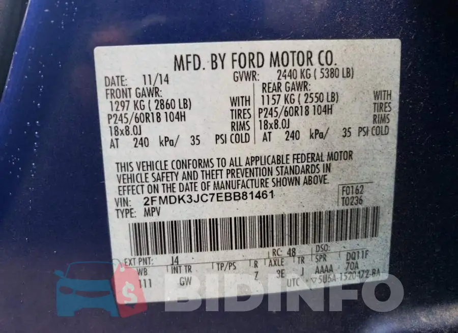 2FMDK3JC7EBB81461 Photo# 13