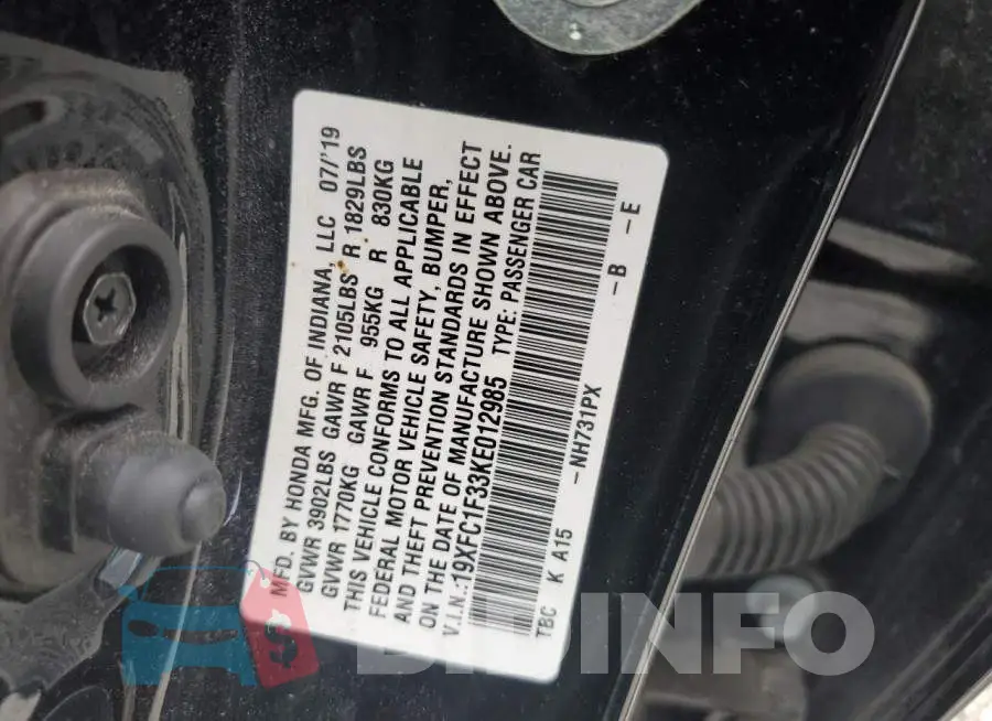 19XFC1F33KE012985 Photo# 13