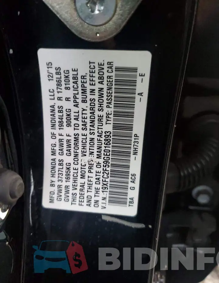 19XFC2F59GE016893 Photo# 12