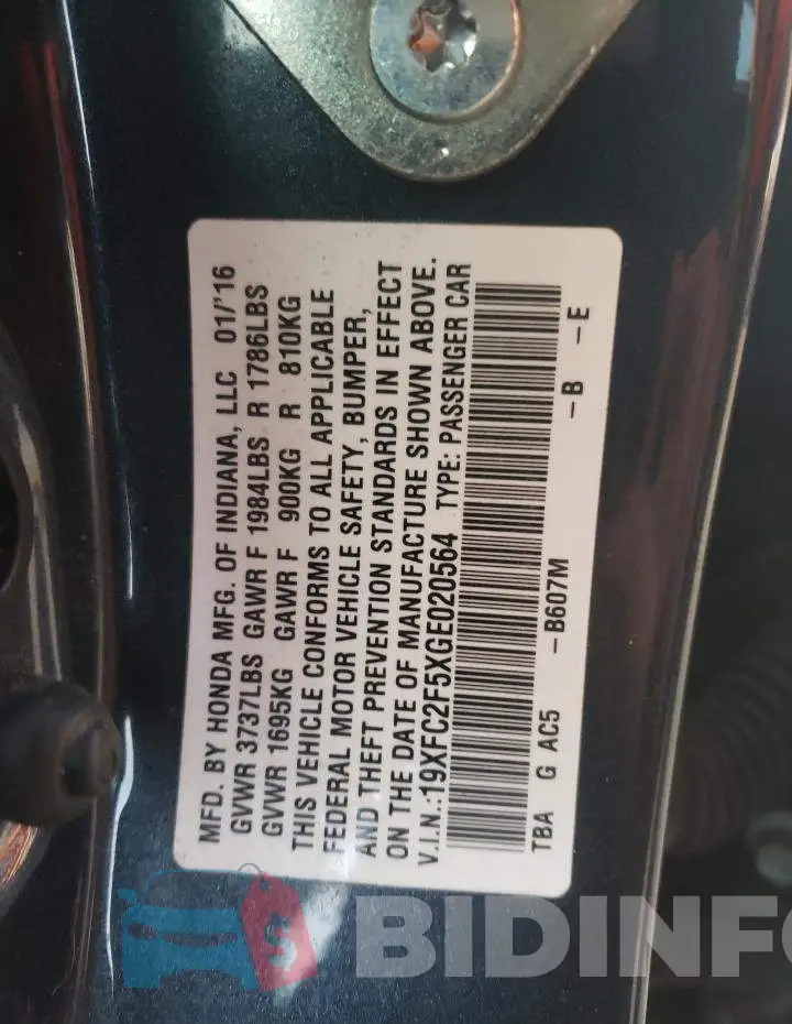 19XFC2F5XGE020564 Photo# 12