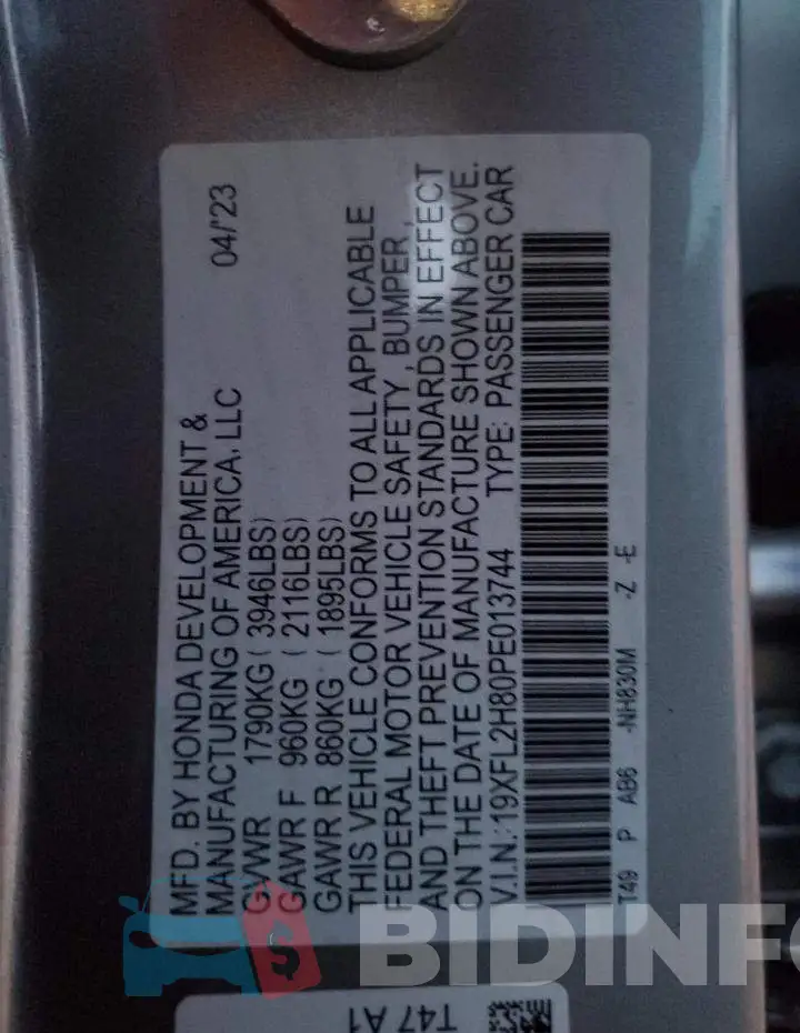 19XFL2H80PE013744 Photo# 13