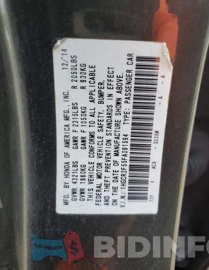 1HGCR2F55FA091594 Photo# 12