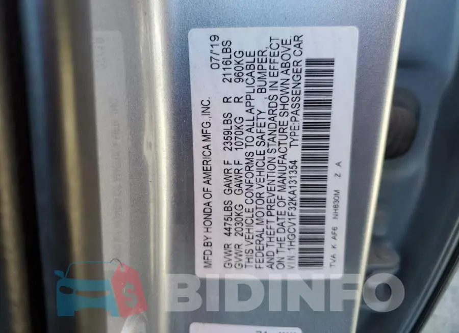 1HGCV1F32KA131354 Photo# 12