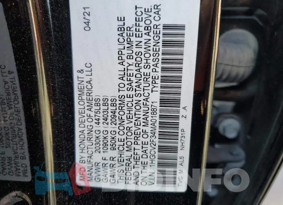 1HGCV2F34MA018871 Photo# 12