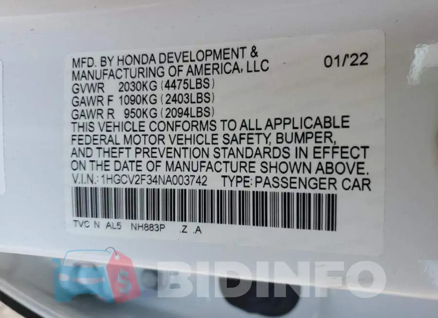 1HGCV2F34NA003742 Photo# 12