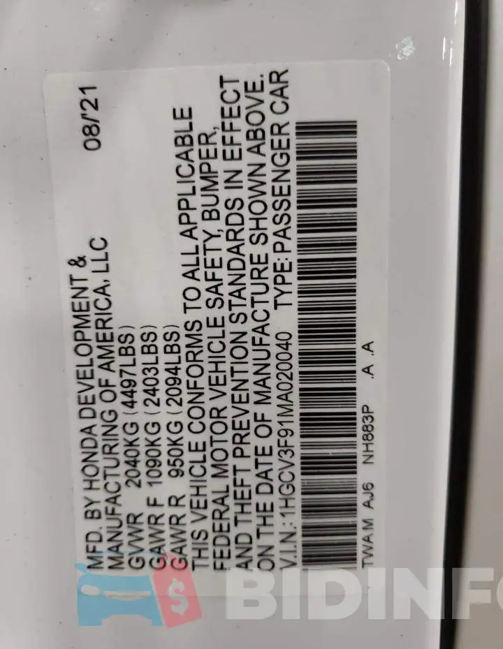 1HGCV3F91MA020040 Photo# 12