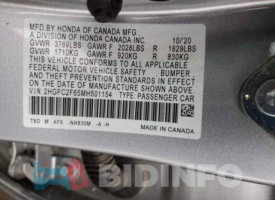2HGFC2F65MH501154 Photo# 12