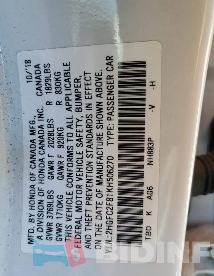 2HGFC2F81KH506270 Photo# 13