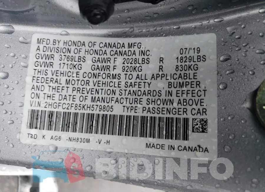 2HGFC2F85KH579805 Photo# 12