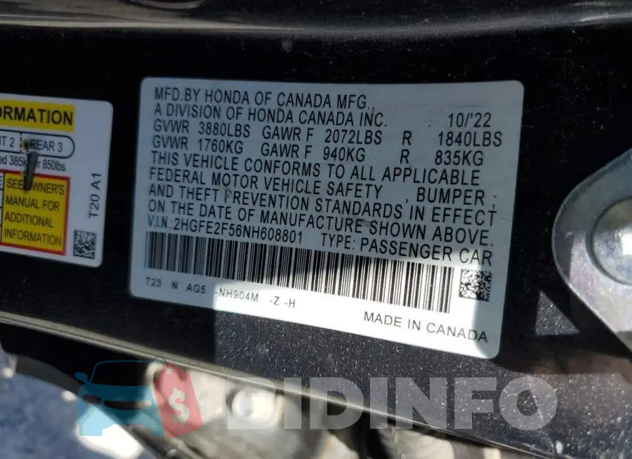 2HGFE2F56NH608801 Photo# 13