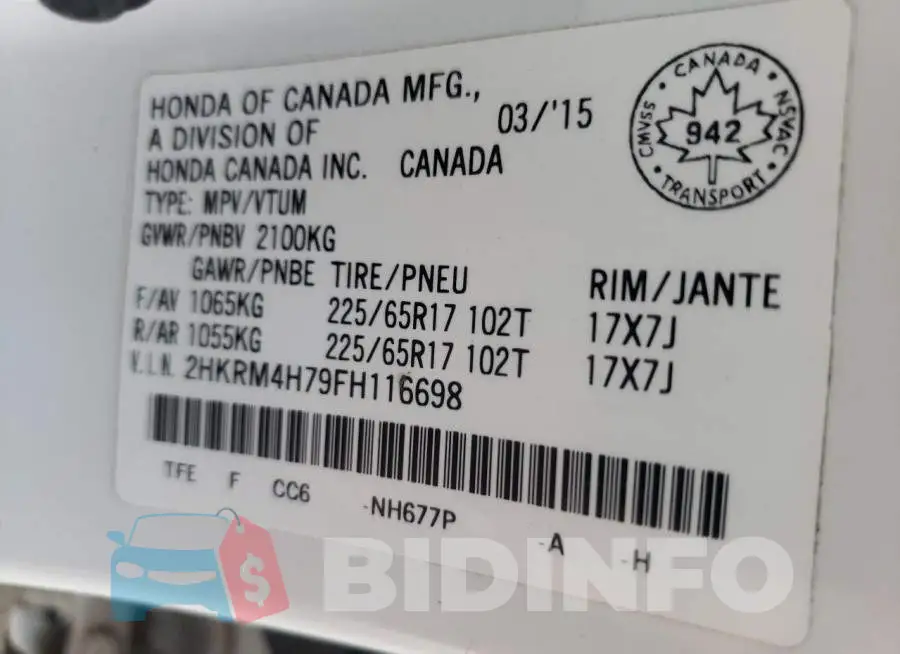 2HKRM4H79FH116698 Photo# 14