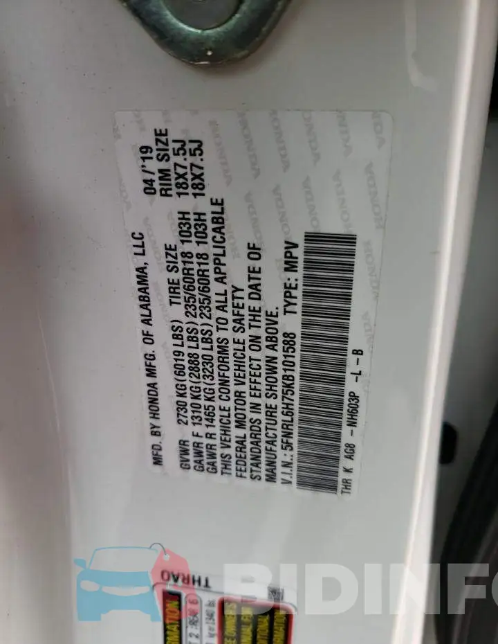 5FNRL6H75KB101588 Photo# 12