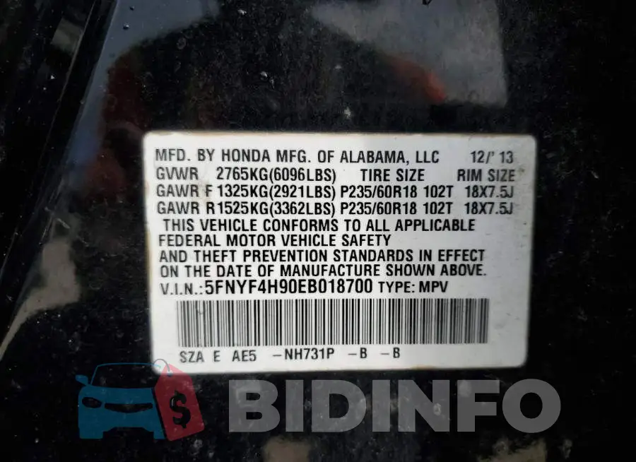 5FNYF4H90EB018700 Photo# 13