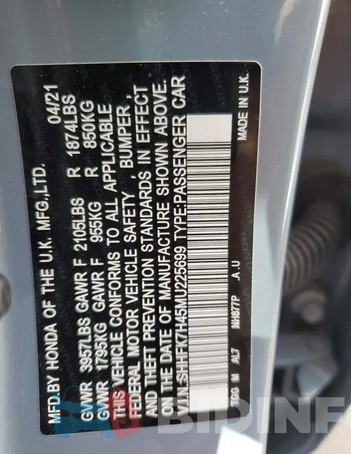 SHHFK7H45MU225699 Photo# 13
