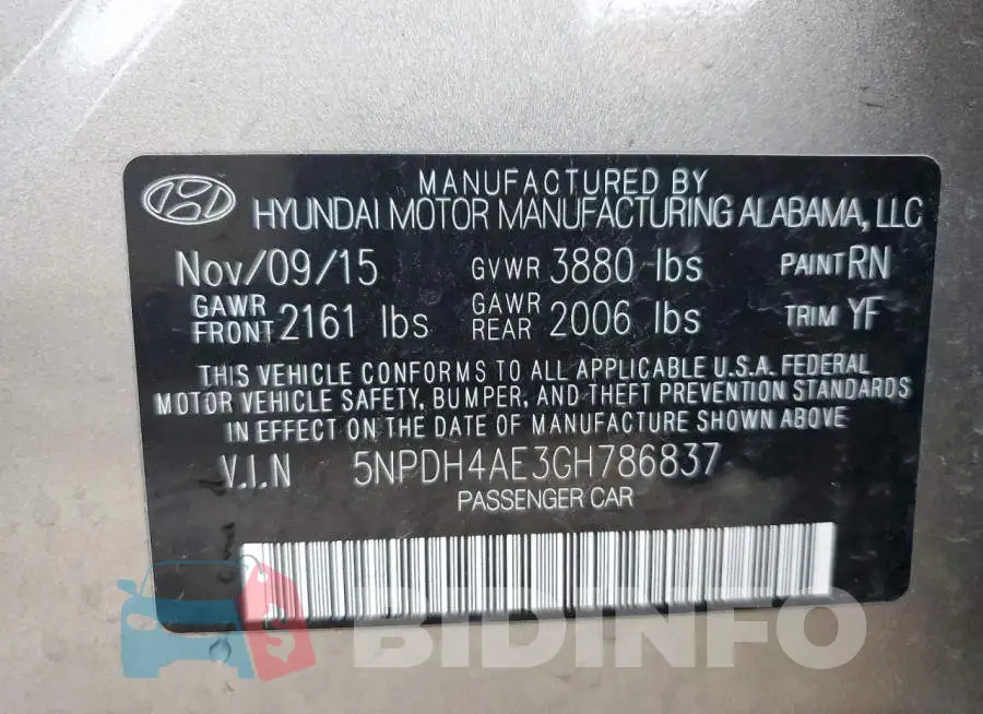 5NPDH4AE3GH786837 Photo# 12