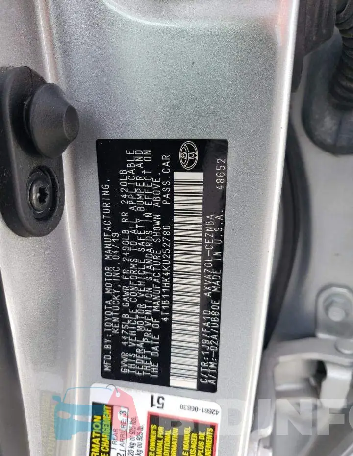 4T1B11HK4KU252780 Photo# 12
