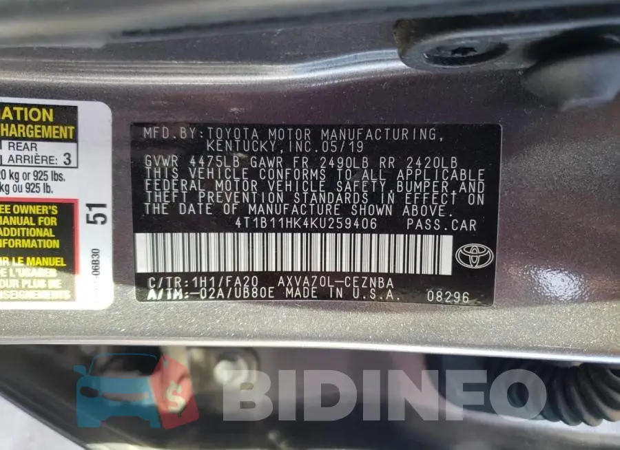 4T1B11HK4KU259406 Photo# 13