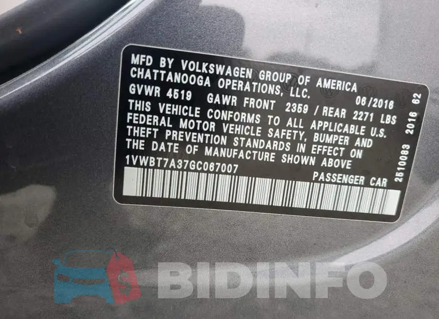 1VWBT7A37GC067007 Photo# 13
