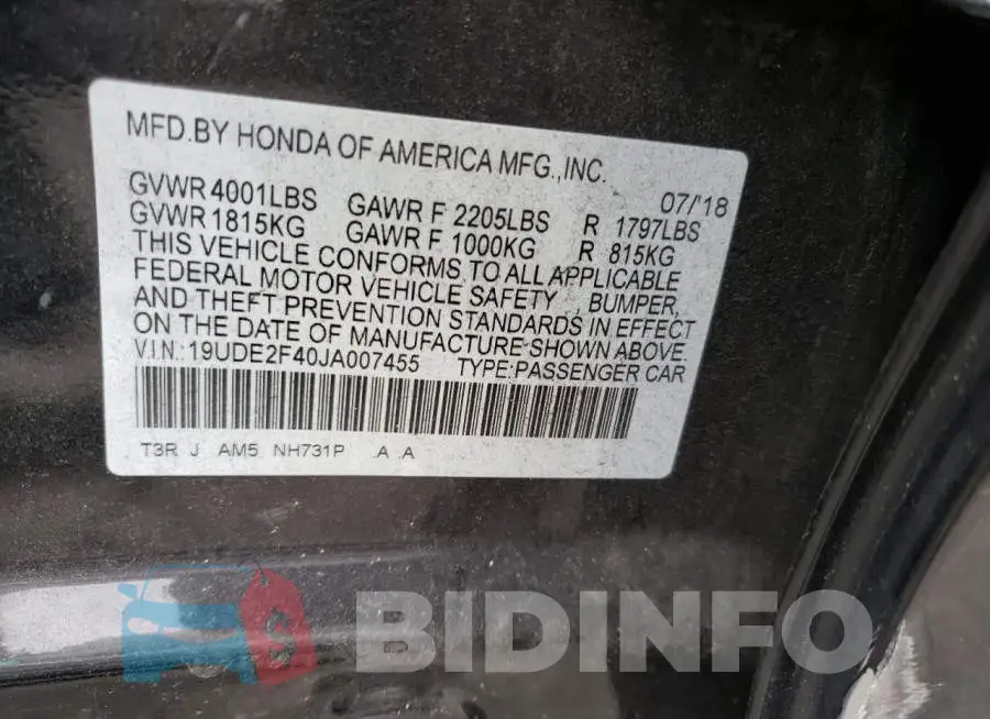 19UDE2F40JA007455 Photo# 12