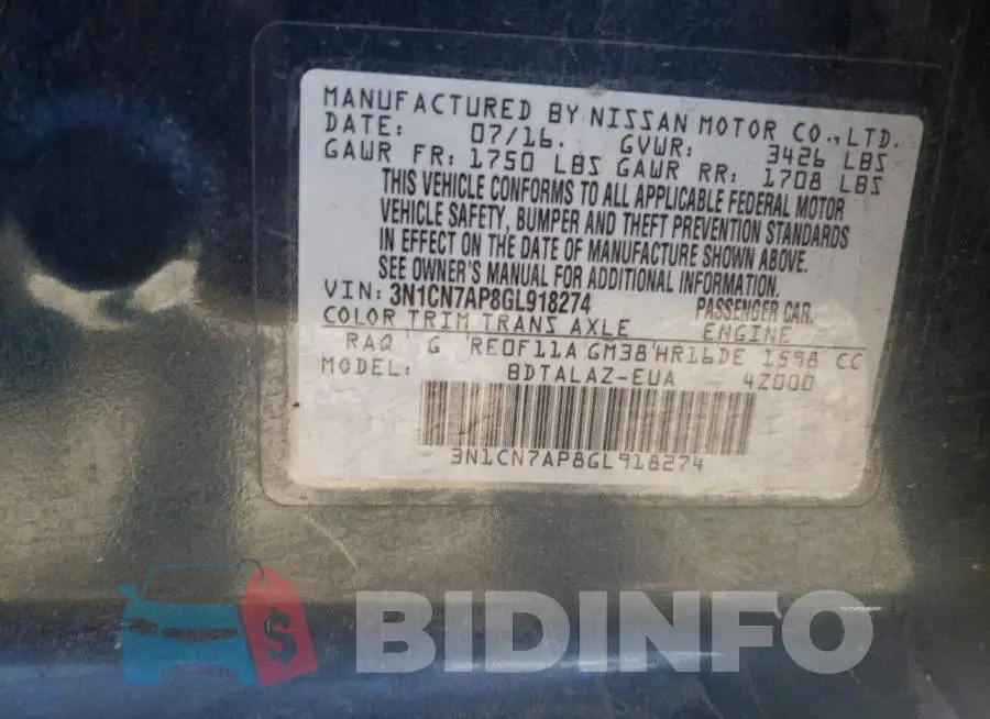 3N1CN7AP8GL918274 Photo# 13