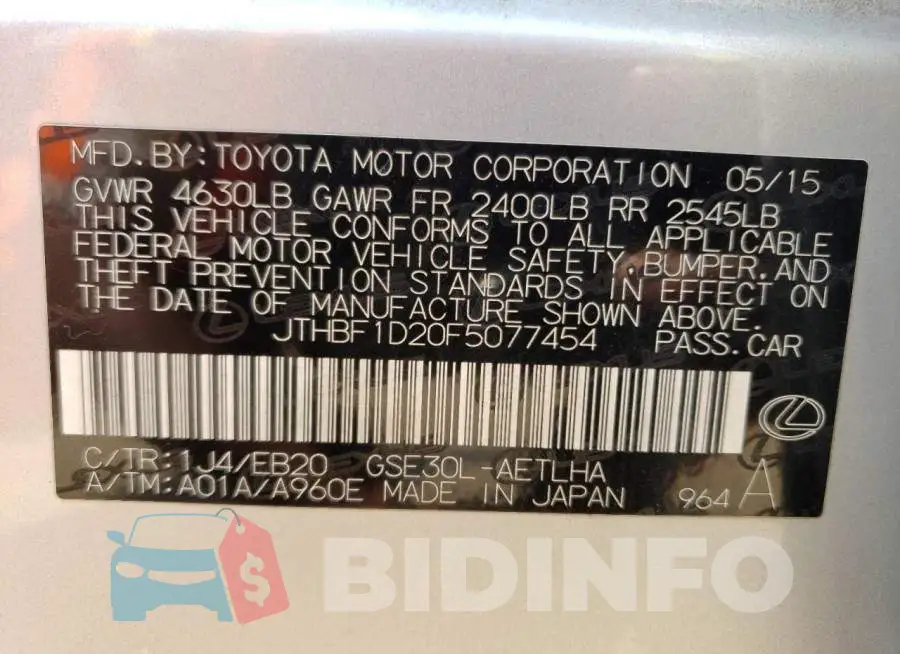 JTHBF1D20F5077454 Photo# 12