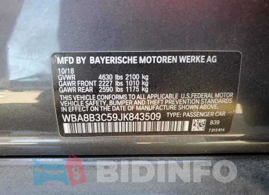 WBA8B3C59JK843509 Photo# 12