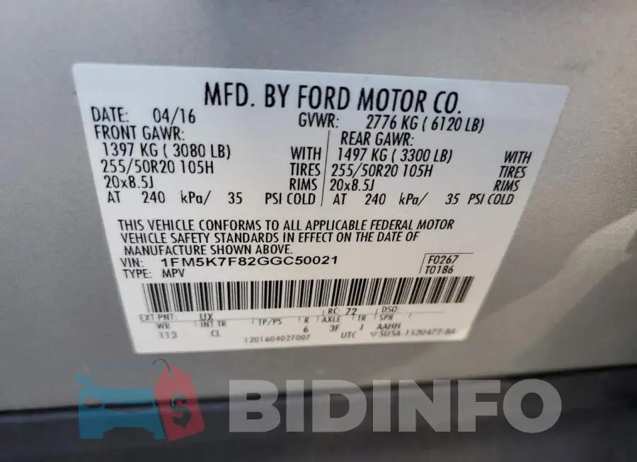 1FM5K7F82GGC50021 Photo# 12