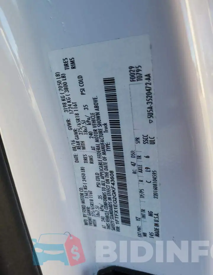 1FTFX1EG2GKF43608 Photo# 12