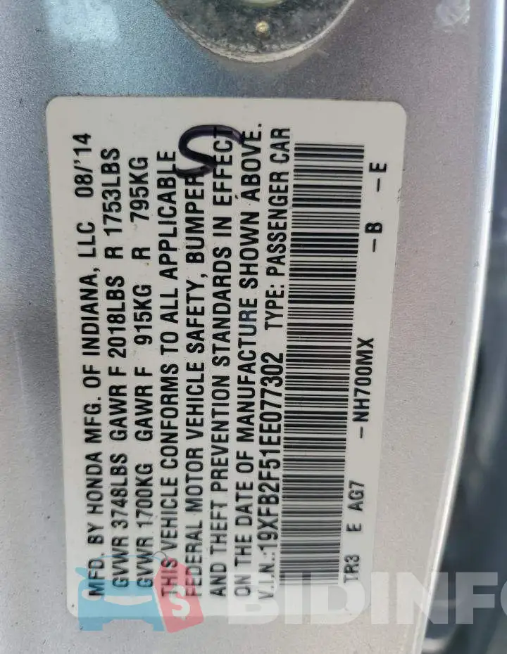 19XFB2F51EE077302 Photo# 12