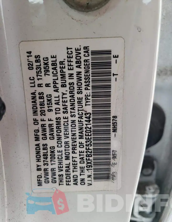 19XFB2F53EE021443 Photo# 12