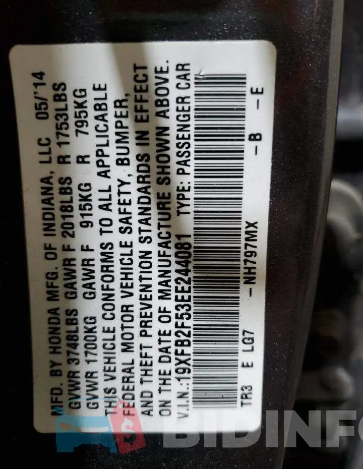 19XFB2F53EE244081 Photo# 13