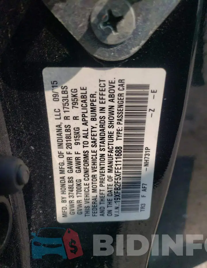 19XFB2F5XFE111688 Photo# 13