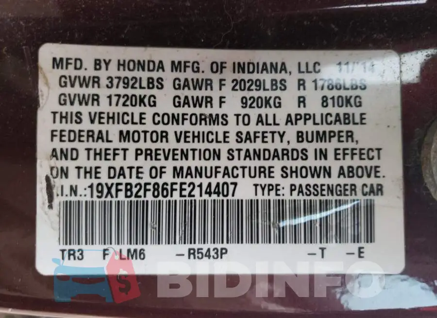 19XFB2F86FE214407 Photo# 12