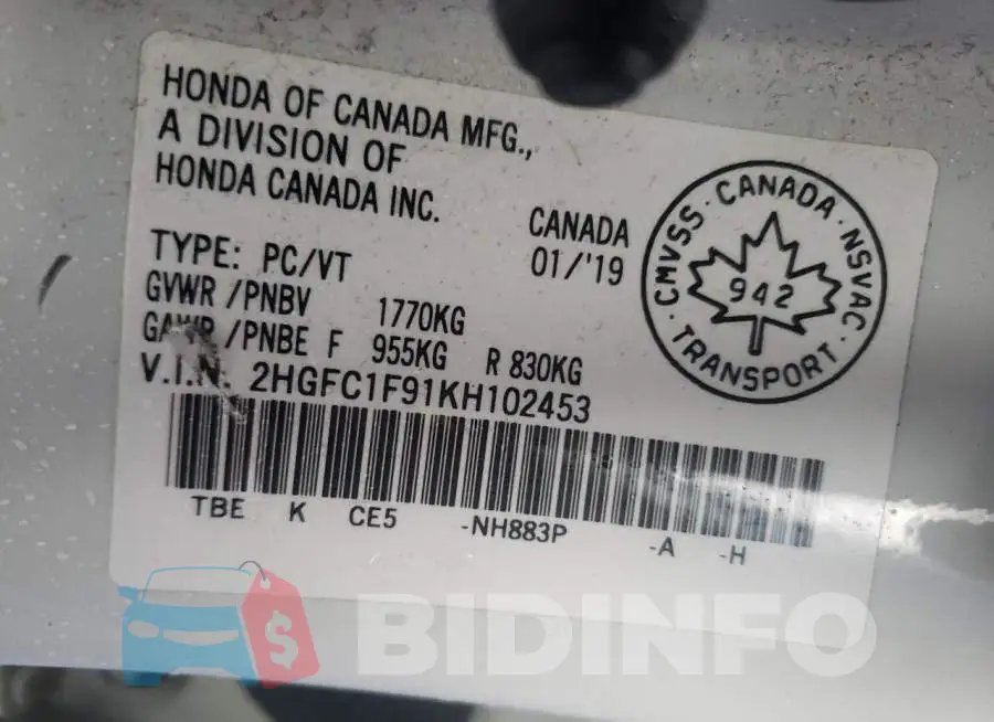 2HGFC1F91KH102453 Photo# 13