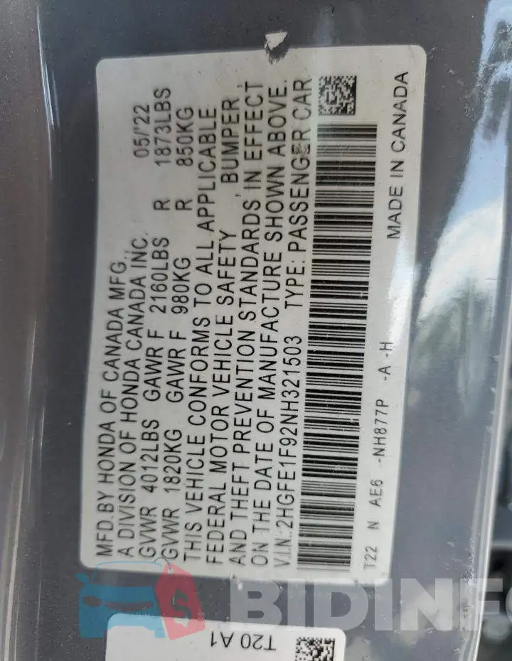 2HGFE1F92NH321503 Photo# 13