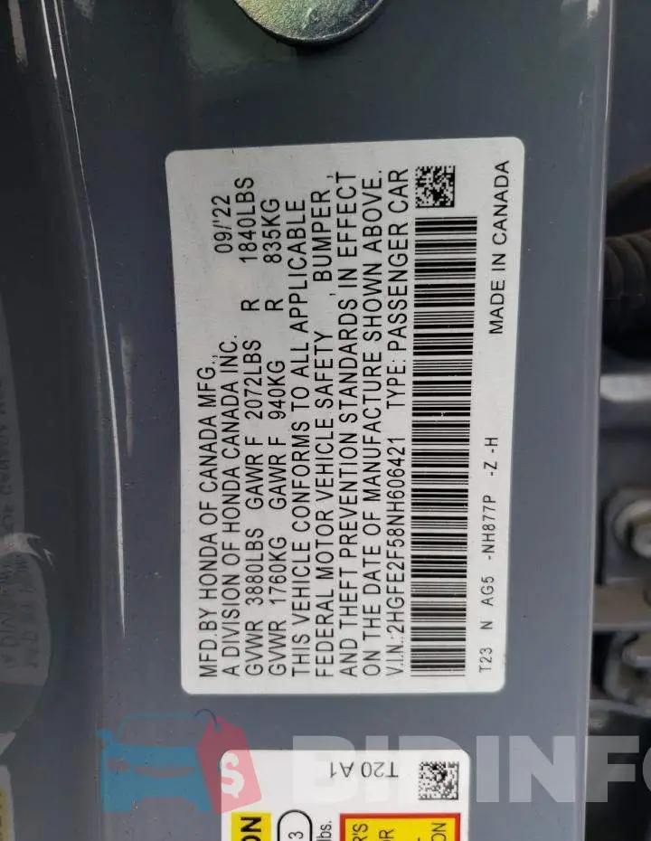 2HGFE2F58NH606421 Photo# 12