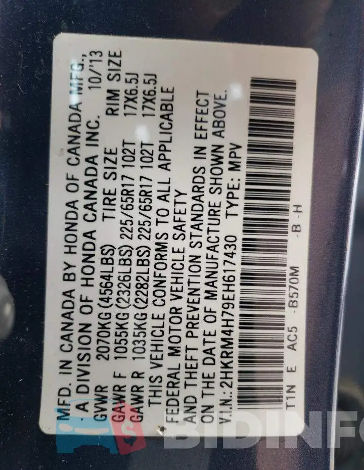 2HKRM4H79EH617430 Photo# 13