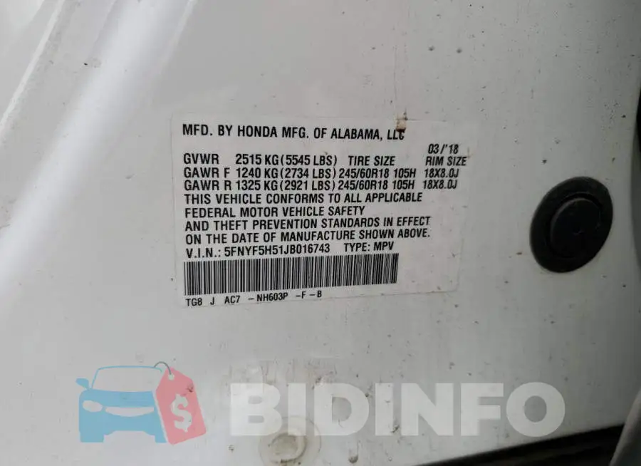 5FNYF5H51JB016743 Photo# 12