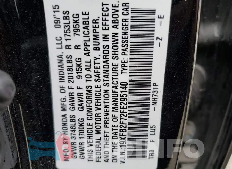 19XFB2F72FE295140 Photo# 13