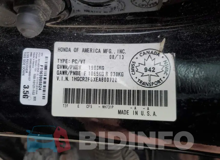 1HGCR2F5XEA800728 Photo# 14