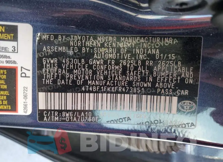 4T4BF1FKXFR473851 Photo# 13