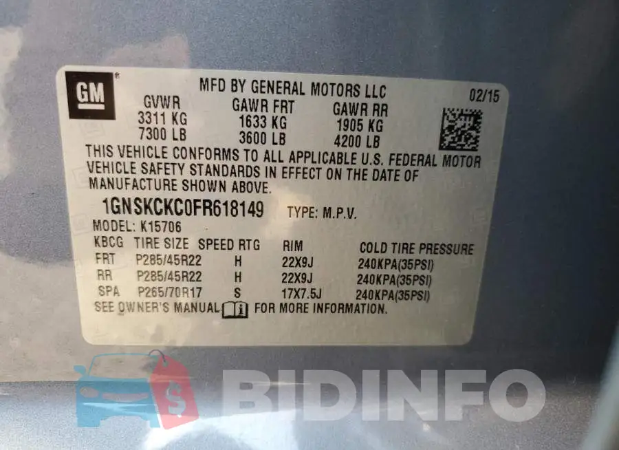1GNSKCKC0FR618149 Photo# 13
