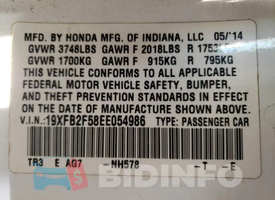19XFB2F58EE054986 Photo# 12