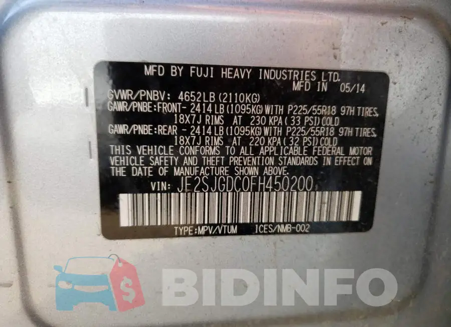 JF2SJGDC0FH450200 Photo# 12