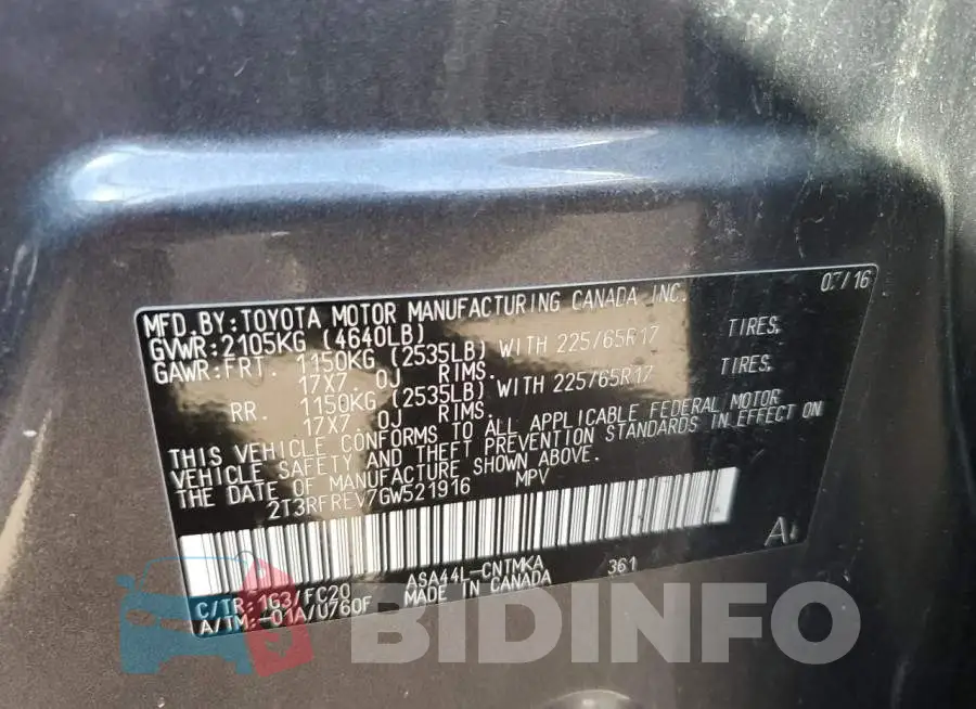 2T3RFREV7GW521916 Photo# 13