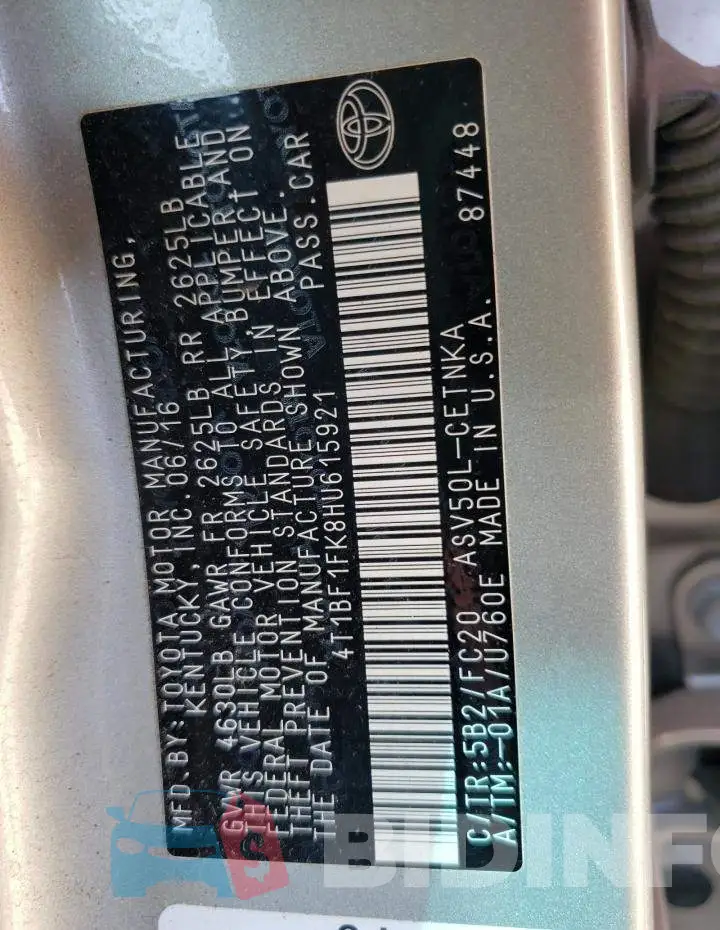 4T1BF1FK8HU615921 Photo# 12