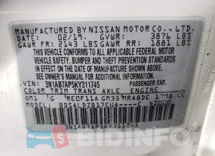 3N1AB7AP5KY311745 Photo# 12