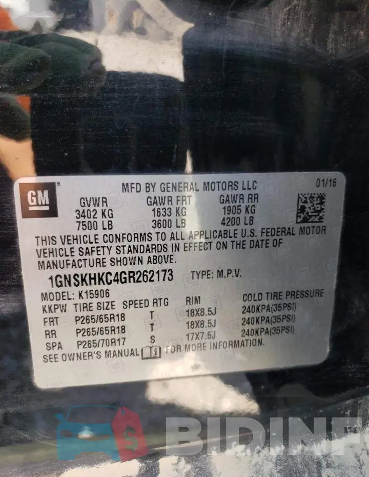 1GNSKHKC4GR262173 Photo# 14