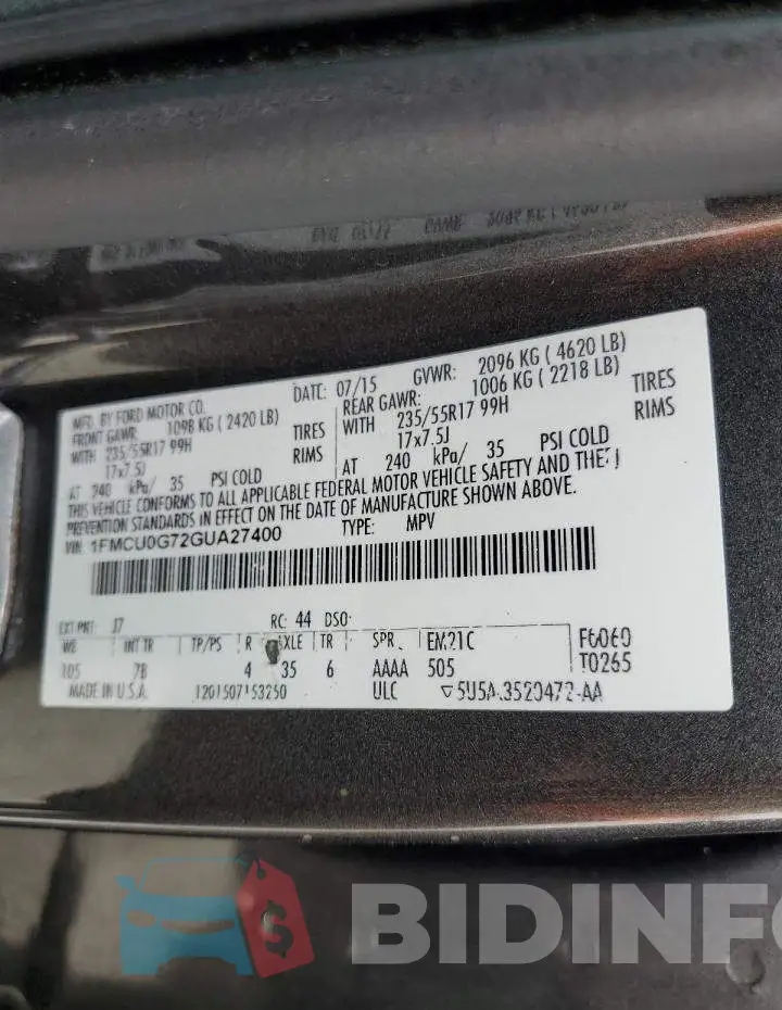 1FMCU0G72GUA27400 Photo# 14