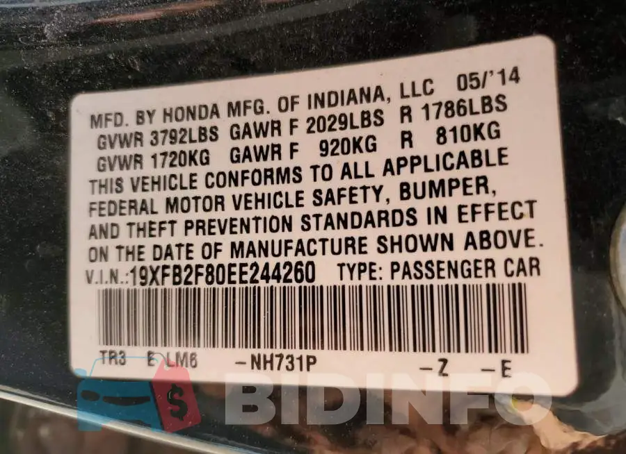 19XFB2F80EE244260 Photo# 12